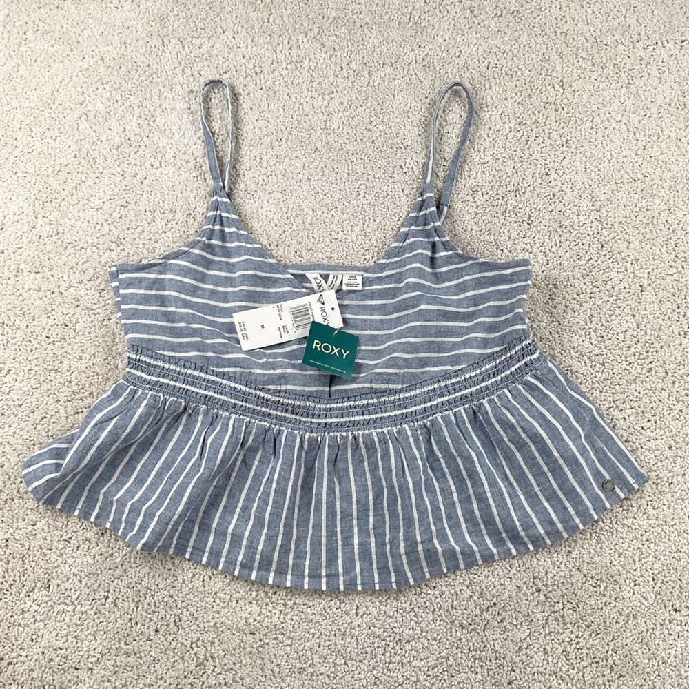 Roxy About Paradise Blue White Striped Linen Blend Peplum Cami Top ERJWT03536 M